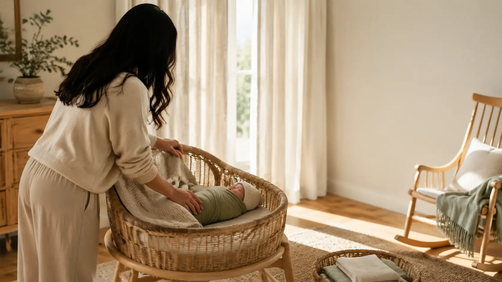 Doula settling a swaddled newborn into a woven bassinet