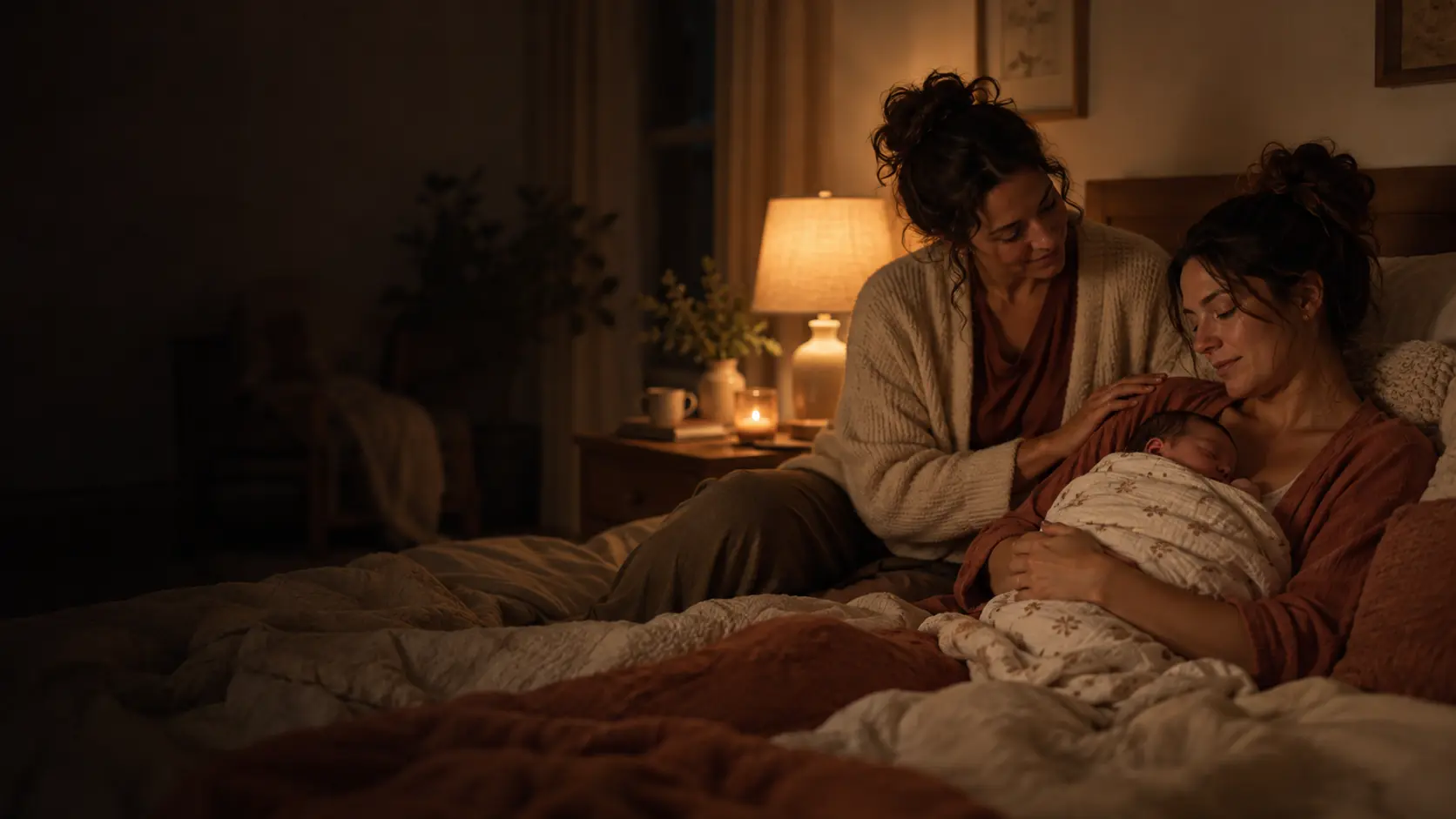 New mother holding her sleeping newborn while a caregiver sits beside her