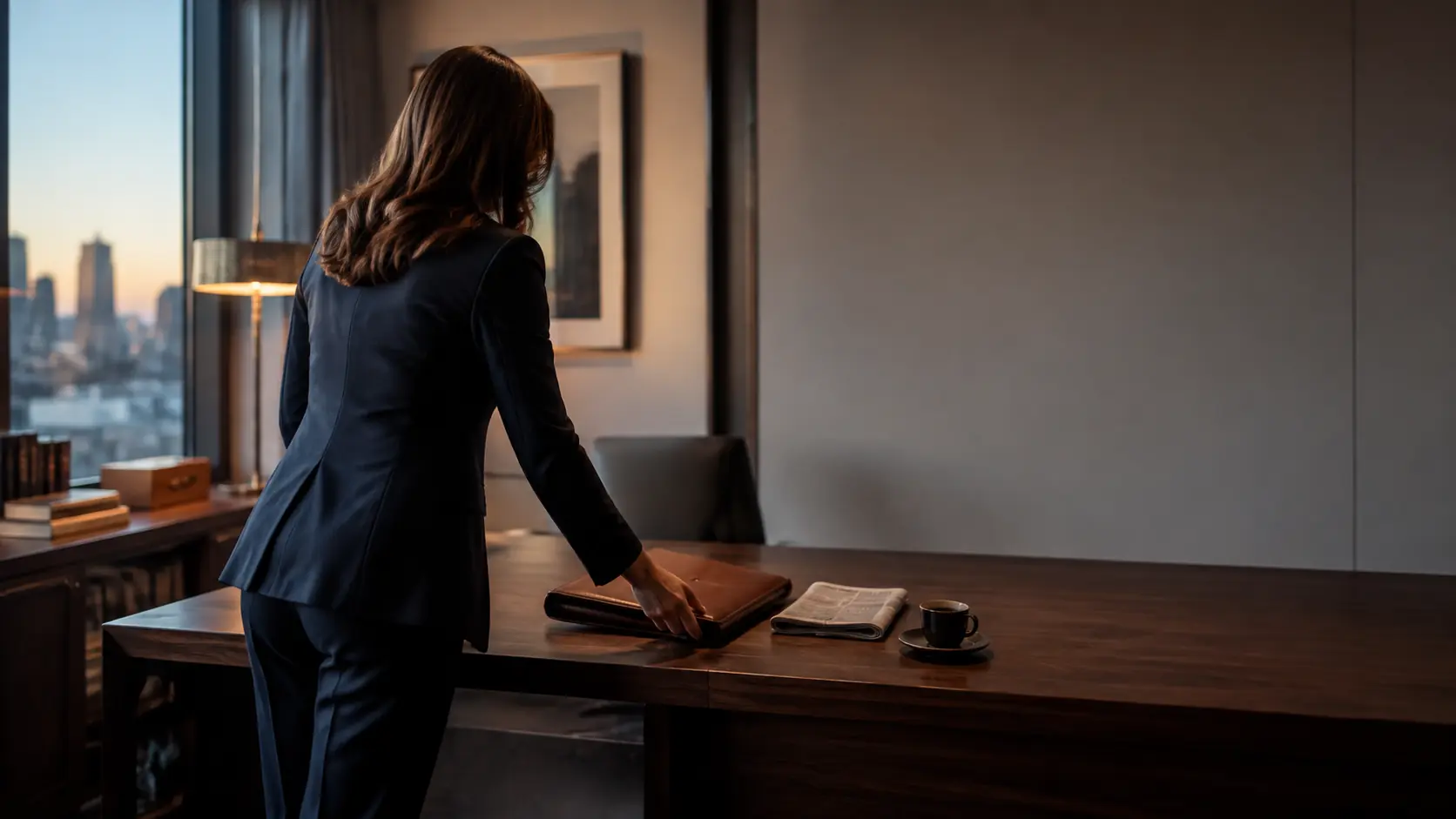 Personal assistant arranging papers on a desk in a home office